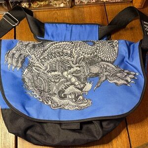 Zio Ziegler Blue and Black Dragon Print Messenger Bag